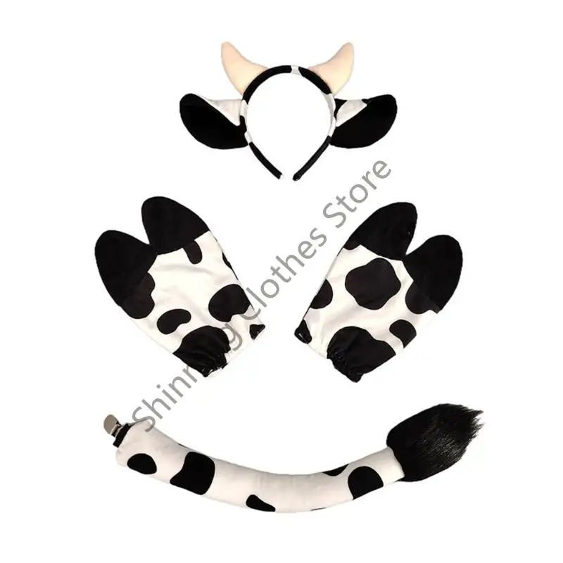 M68A 3 조각 귀여운 암소 의상 세트 암소 귀 머리띠 발 장갑 꼬리 어린이 성인 할로윈 코스프레 파티 의상