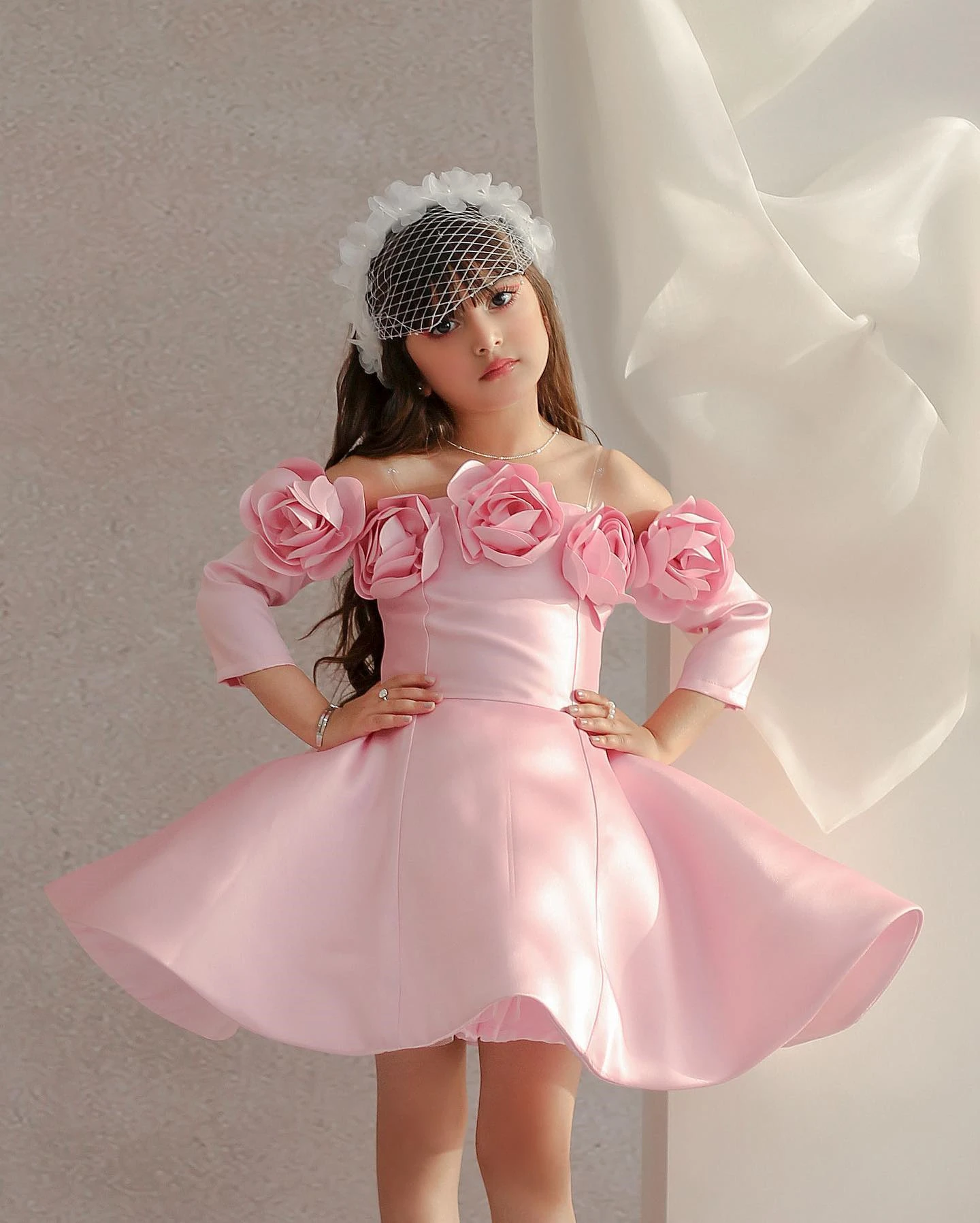 BABYONLINE Customized Princess Girl Dress High-Low Off-shoulder Gown Kid Puffy Skirt Detachable Tail Wedding bridesmaid BallGown