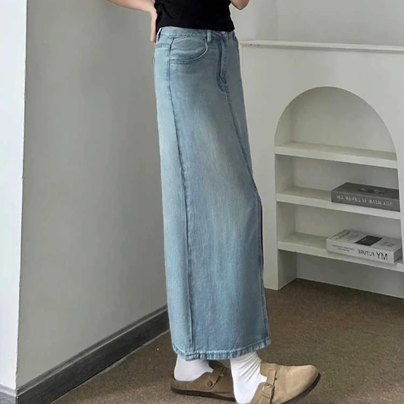 S-3xl Gonne di jeans Donna Estate Sottile a vita alta con spacco di media lunghezza A-line Wrap Fianchi Gonna Elegante femminile Jean Gonne Street Wear