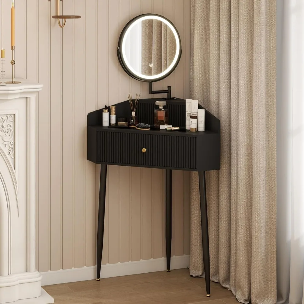 

Corner Vanity Desk with Retractable and Rotating Mirror and Lights Small Modern Black Makeup Vanity Set with Glass Top