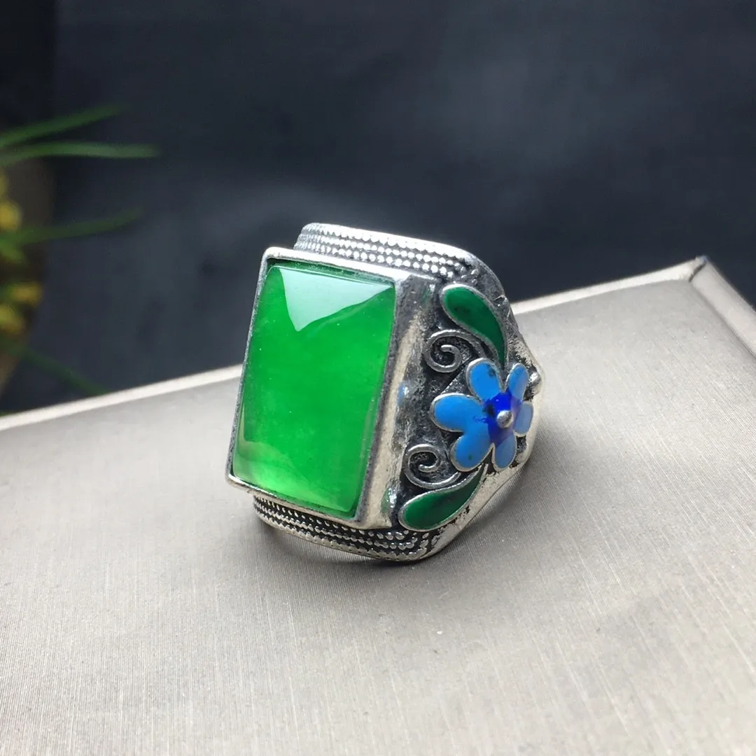 Natural Green Jade Rectangular Ring Men Women Fine Jewelry High Ice Grade A Myanmar Jadeite Cloisonne Enamel Square Jades Rings