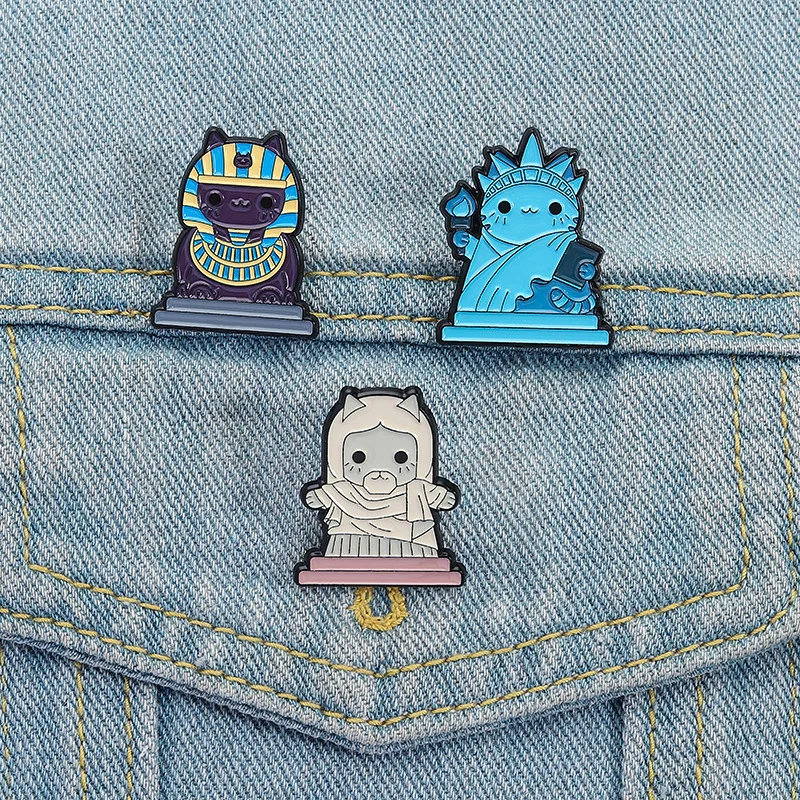 Ensemble de pin's en émail et badges de revers motif chat, thème lieux emblématiques du monde et chatons de dessin animé, pour sac à dos en jean, cadeau de voyage pour les amoureux des chats, bijoux
