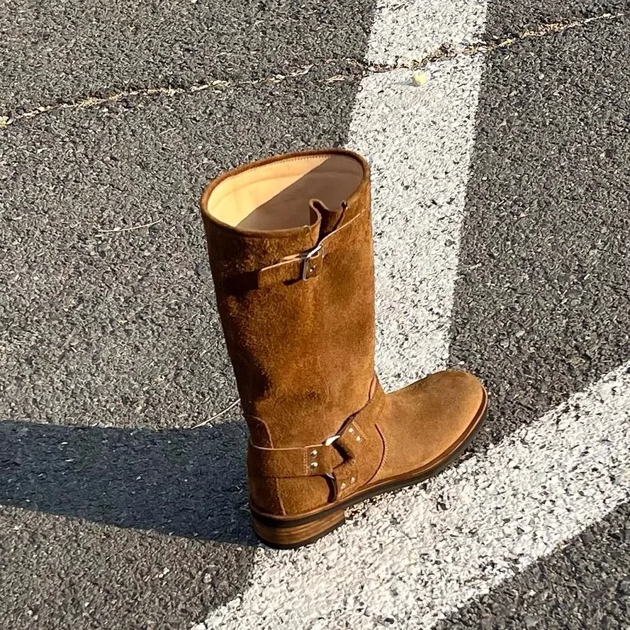 

Brown Niche Thick-Soled Western Cowboy Boots Round Toe Pull On Suede Mid-Calf Botines Low Chunky Heel Women Botas Femininas