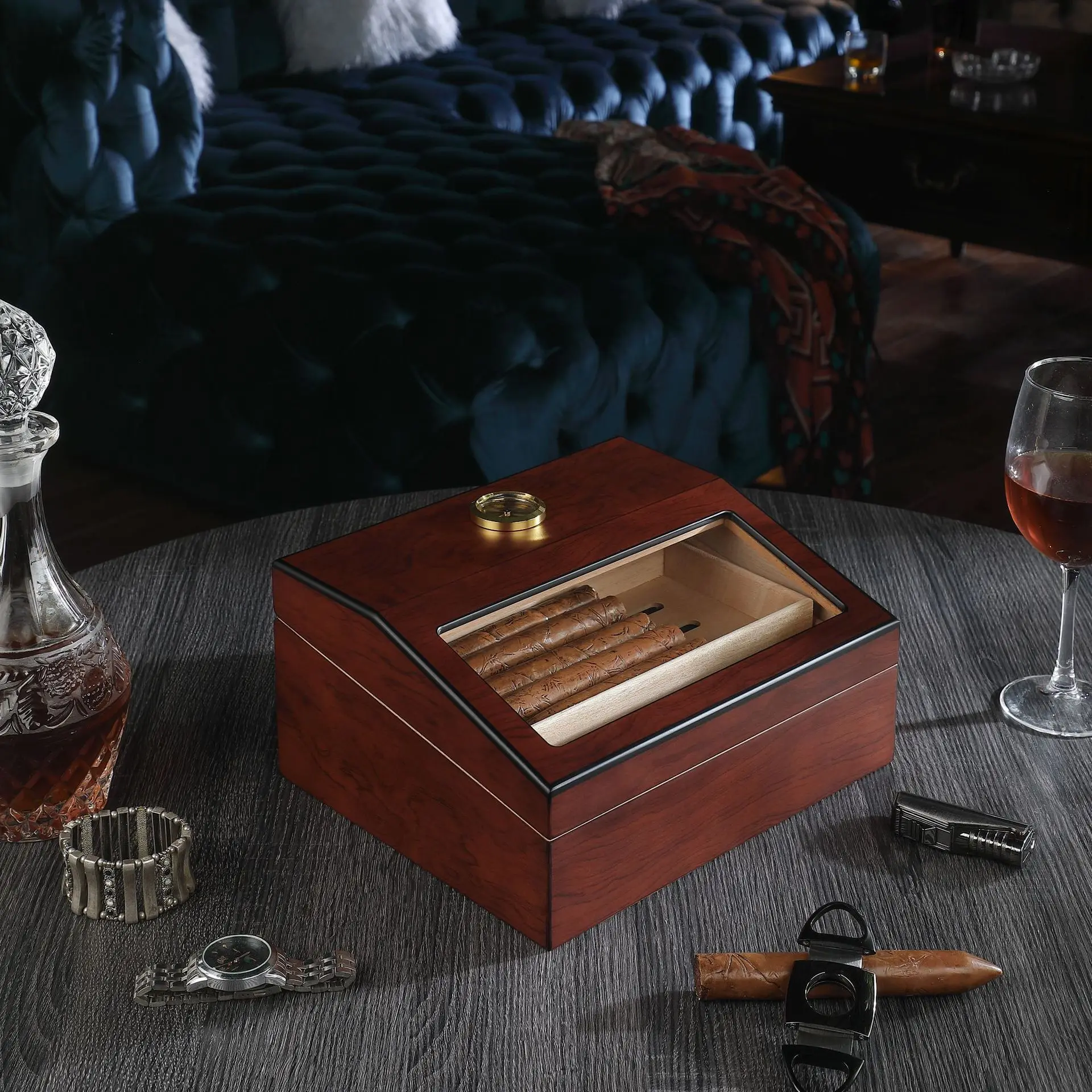 Cigar box red sandalwood cigar gift box display glass cigar moisturizing box