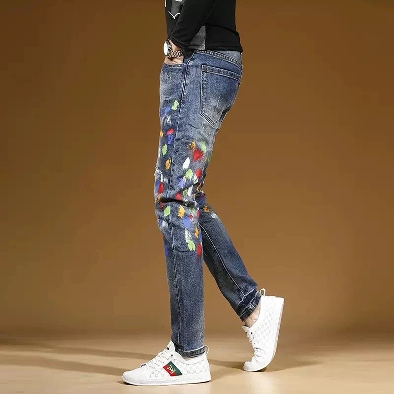Fashion Graffiti Printed Ripped Blue Jeans Men Autumn Streetwear Slim Fit Straight Pants Casual Stretch Denim Trousers