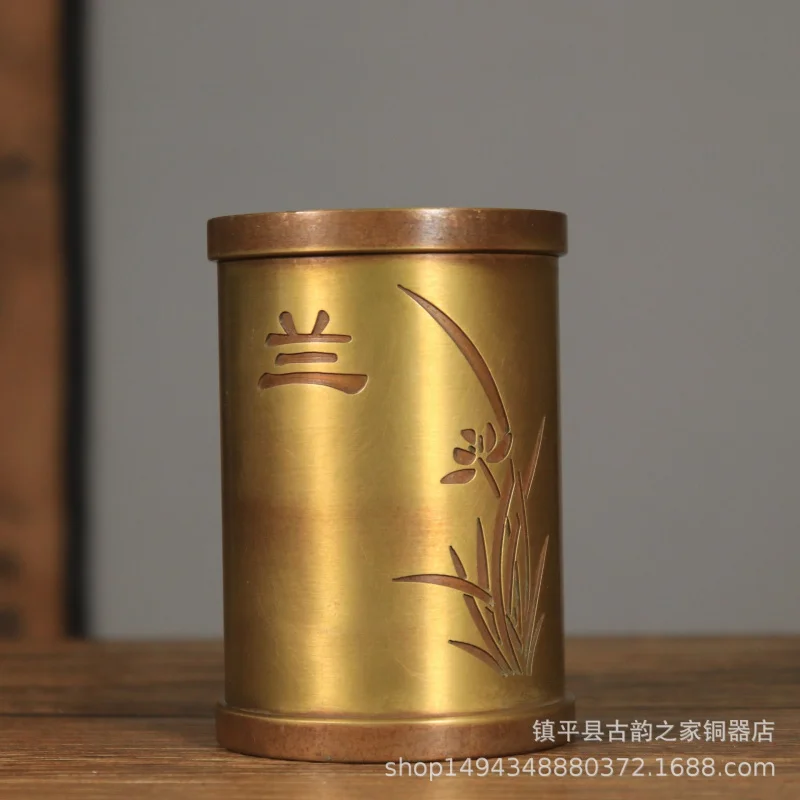 Brass Desktop Ornament Pen Holder Plum Orchid Bamboo Chrysanthemum Metal Craft Creative Ornament Holder Round Bottom Copper Orna