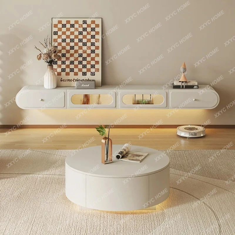 

Q ultra-thin suspended TV cabinet coffee table combination living room hanging locker cream wind