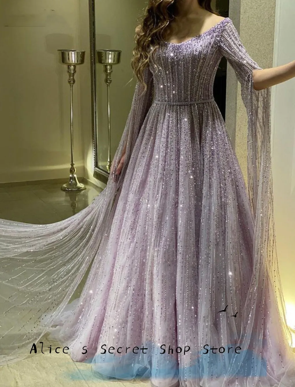 Luxury Tulle Organza Purple Prom Dress For Women O-Neck Half Sleeve Court Train Bridal Gown For Formal Party Dress