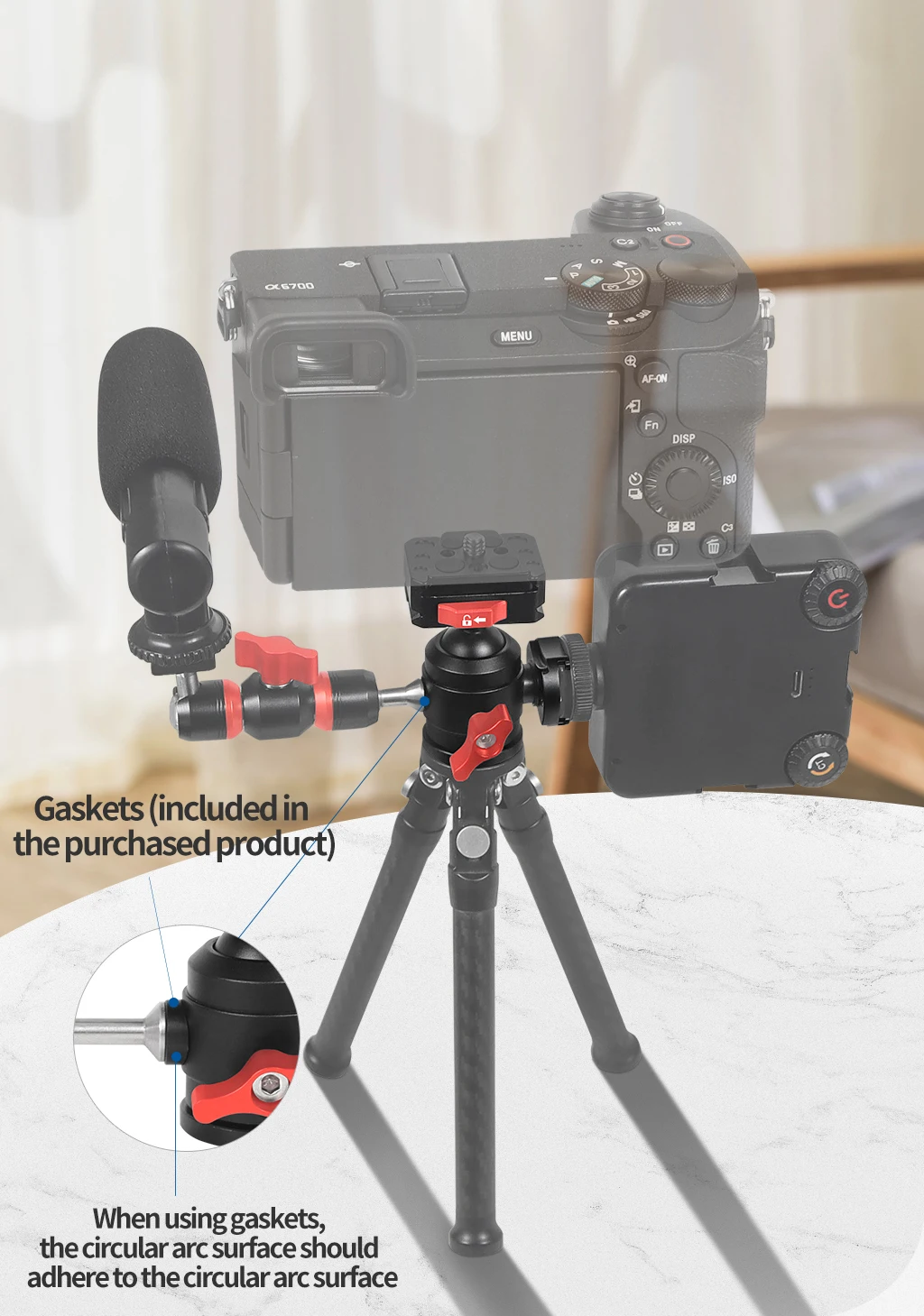 DSLR-Kamera-Stativ-Kugelkopf mit 1/4-Zoll-Gewinde, Cold-Shoe-Halterung, V-Port, Schnellwechselplatte für Fill-Light und Mikrofonständer, max. Belastung 12 kg – Detail 3