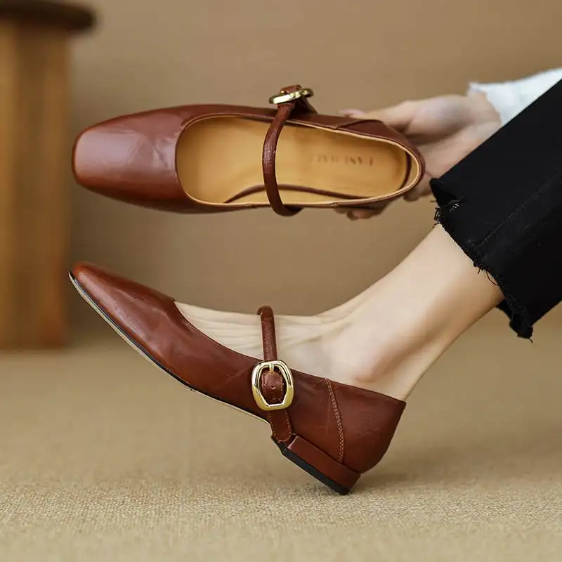 Krazing Pot Sheep Leather Metal Buckle Thick Low Heels Spring Summer Square Toe Mary Janes Women Business Casual Shallow Pumps