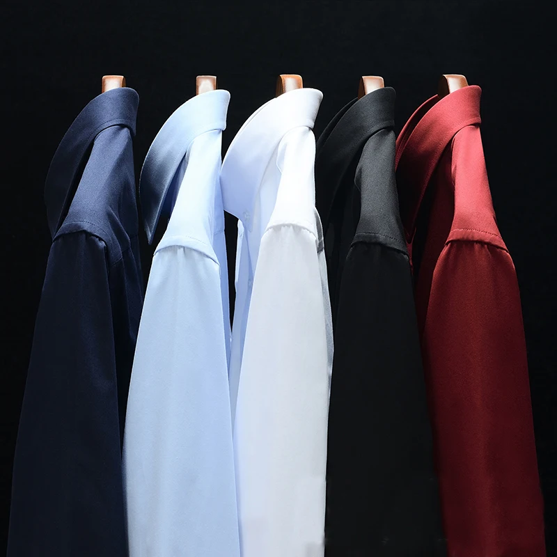 Stand Collar Solid Mens Shirt Long Sleeve Plain Regular Fit Party Dinner Bussiness Formal Social Shirts For Men Mandarin Wedding