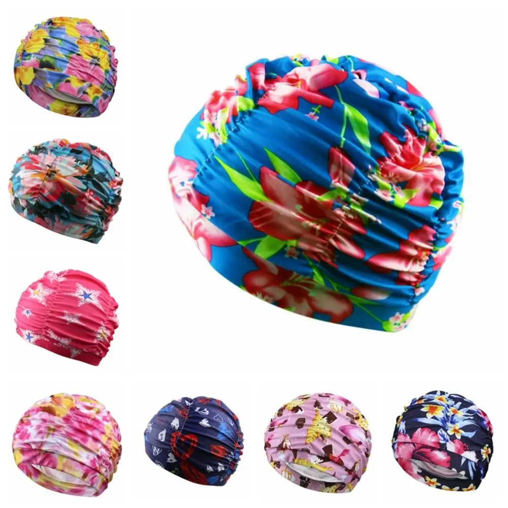 Printed Fabric Oversized Swimming Cap Breathable Quick Drying Hot Spring Swimming Cap Lightweight Long Hair Bathing Cap Seaside