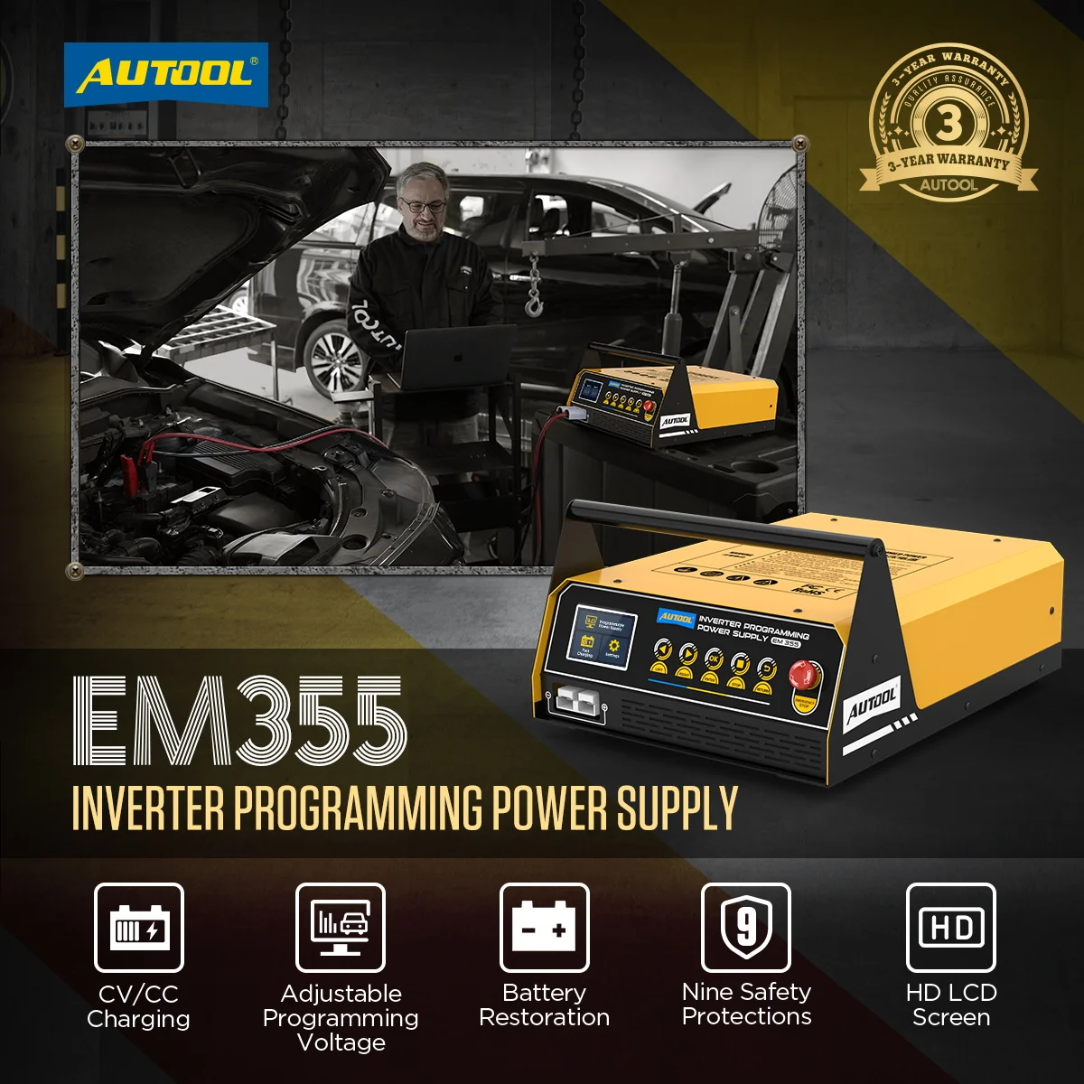 AUTOOL EM355 عاكس الطاقة ECU البرمجة 110/120 فولت شاشة LCD عالية الدقة تسعة حماية السلامة قابل للتعديل جهد البرمجة