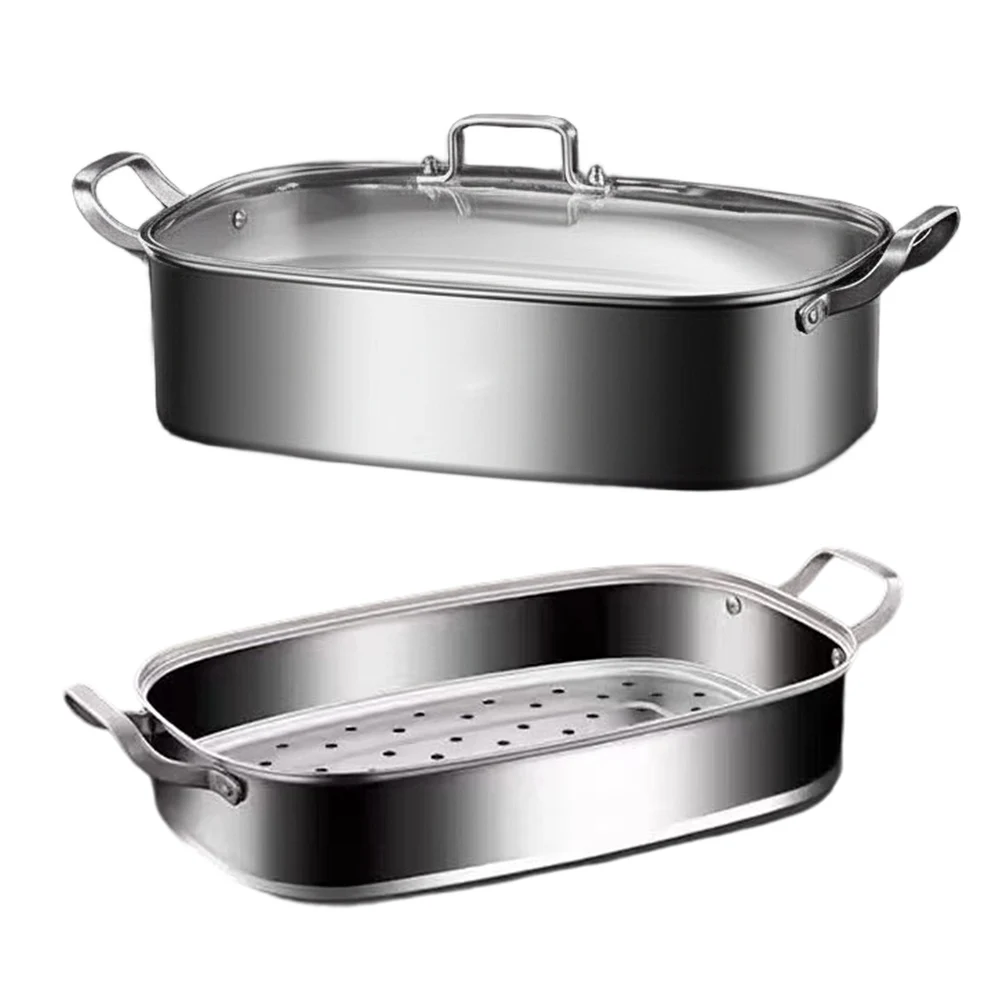 Stainless Steel Fish Steamer Pot For Steaming Fish, Boiling Soup With Glass Lid Multi-Use Square Steaming Cookware