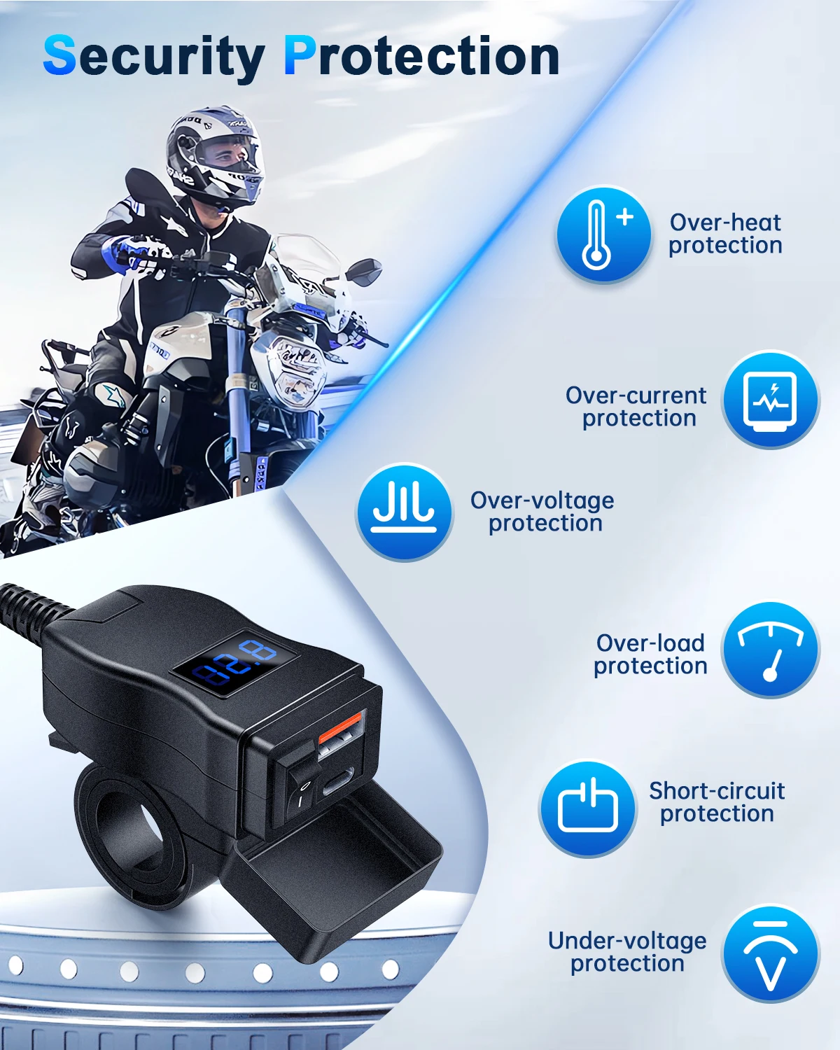 Extractme Motorcycle Charger Dual USB QC3.0 Fast Charger Power Adapter Socket with Switch Waterproof Digital Voltmeter