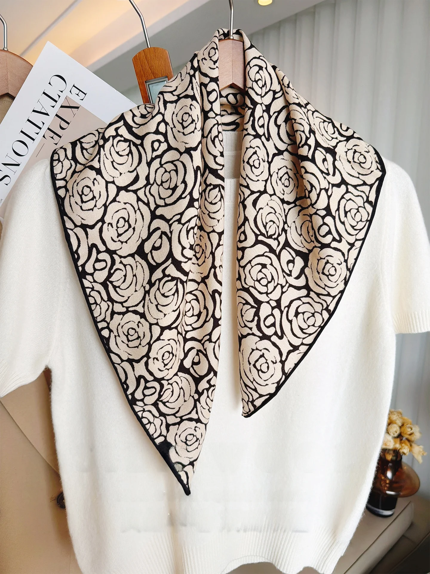 rose-garden-high-end-silk-hair-small-square-scarf-women's-new-style-necktie-spring-thin-real-silk-woolen-scarf