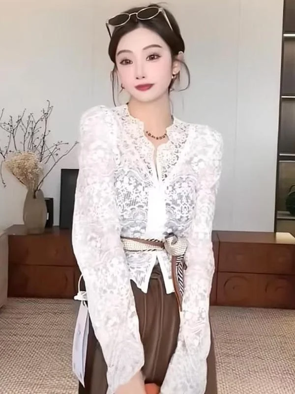 

Элегантный женский кружевной топ с длинным рукавом, повседневный дизайн, ажурная базовая блузка, весенний стиль, приталенный крой, укороченная длина