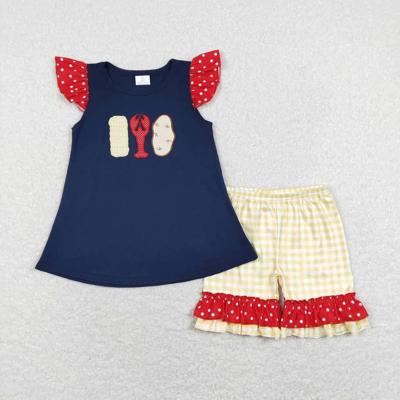 Wholesale Baby Girl Embroidery Crawfish Set Children Short Sleeves Tunic Summer Toddler Ruffle Plaid Shorts Kids Outfit Clothes