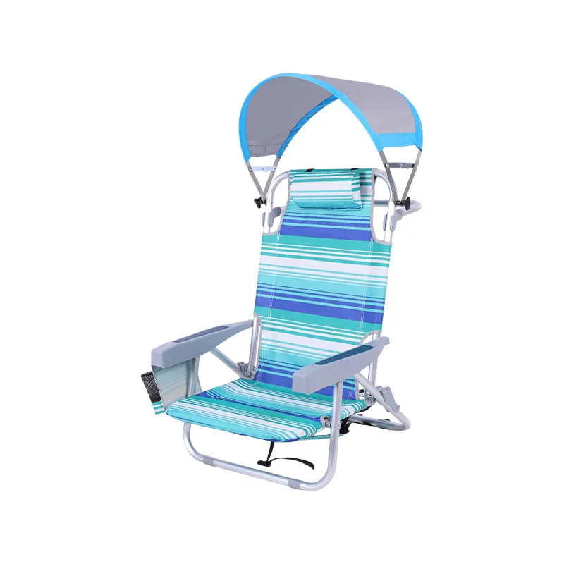 Folding Beach Chair Canopy Recliner Outdoor Camping Portable Adjustable Awning Blue Green Striped Dual-purpose Backrest Chair