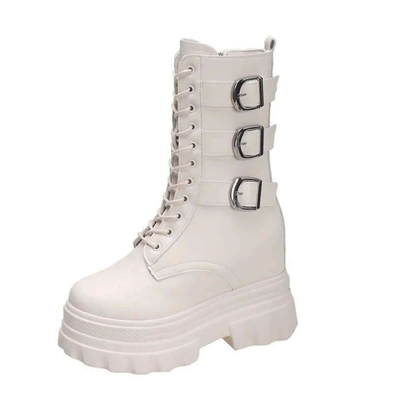 

2026 Autumn Women Leather Ankle Boots Lace Up 12CM High Platform Punk Boots New Hot Winter Chunky Motorcycle Shoes Botas Mujer