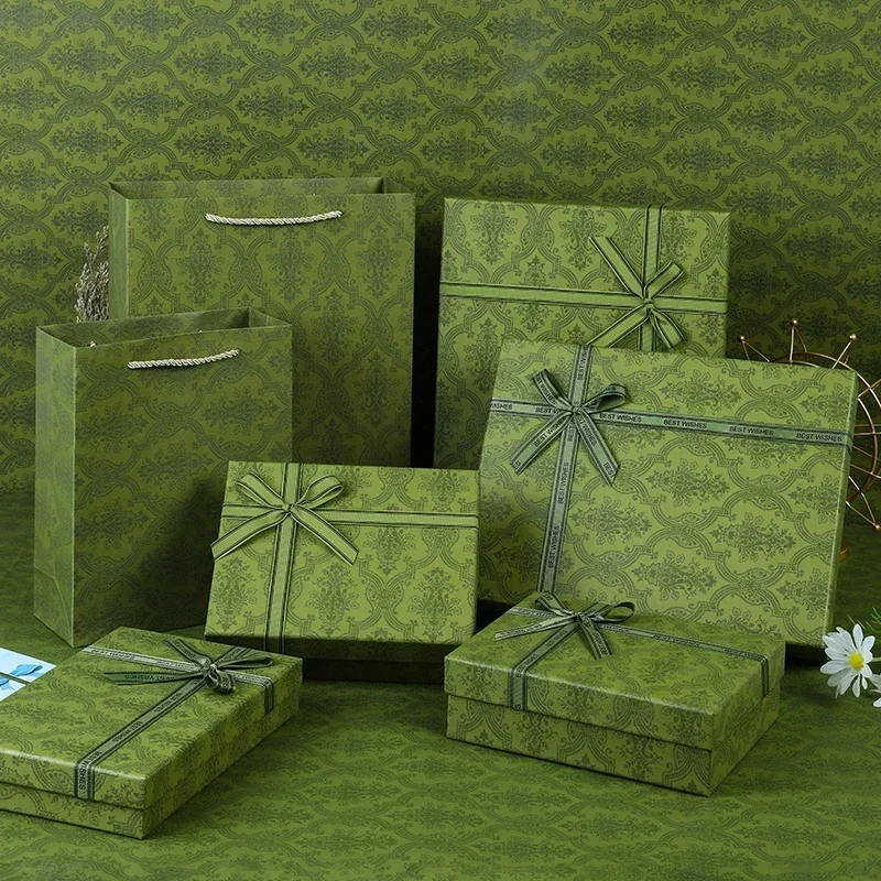 Luxury Retro Green Gift  Box with Bow Grass Card Perfume Scarf Candy Box Wedding Birthday Souvenir Gift DIY Packing Decor