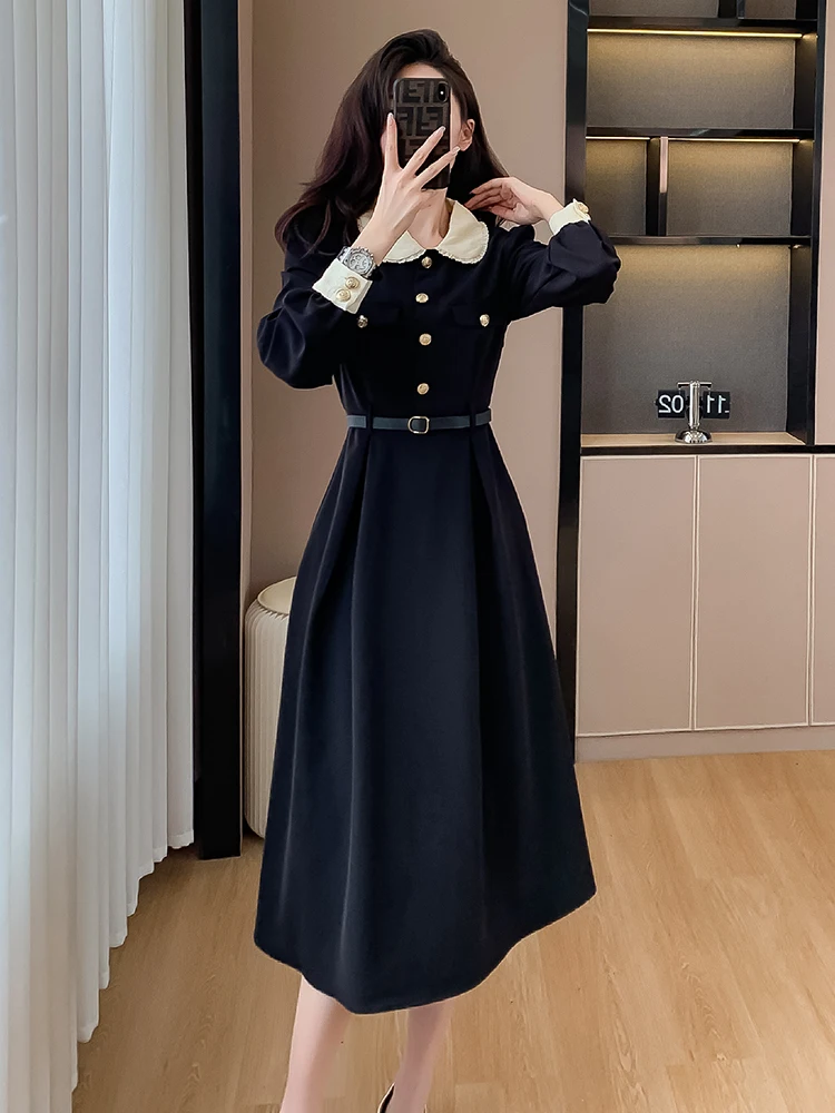 Elegant Black Dresses With Belt Women Retro Doll Collar Long Sleeve A Line Midi Dress Hepburn Patchwork Office Lady Vestido 2024