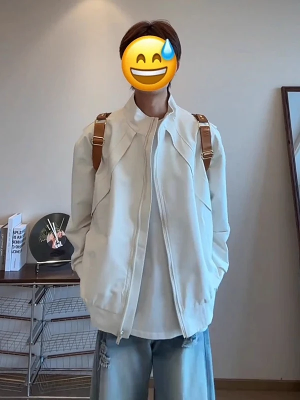 

American Retro ort Stand Collar Jaet Men's Autumn Deconstructed Patchwork Trendy Baseball Sle Loose Workwear Coat