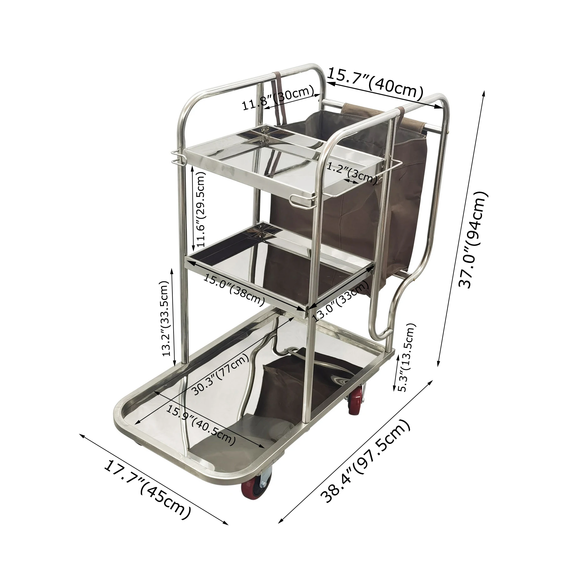 Stainless Steel Janitor With Bag 3 Shelf Housekeeping Cart Cleaning Supply Trolley