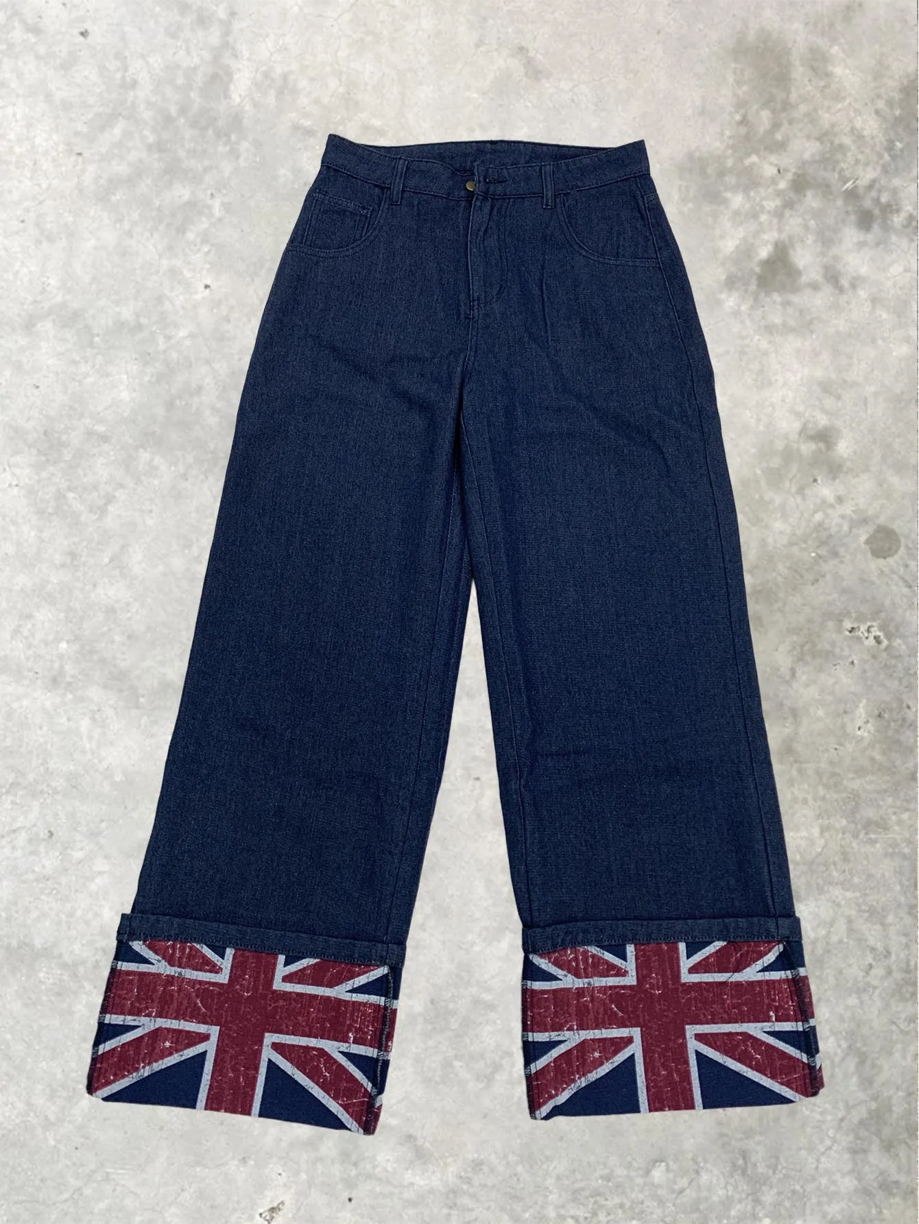 

Cross border punk high waisted denim loose European American retro style rice print splicing design straight leg pants men women