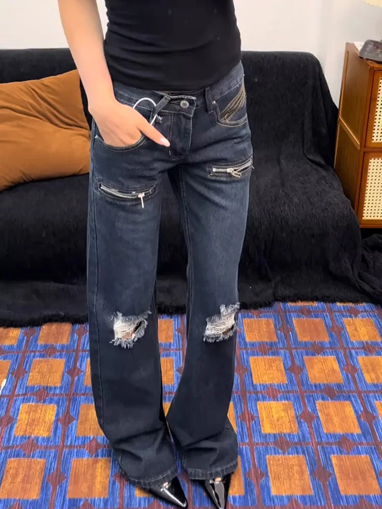 Retro American Spicy Girl Zipper Splice Design Washed out Jeans Slimming Skinny Micro Flared Pants Low Waist Denim Jeans