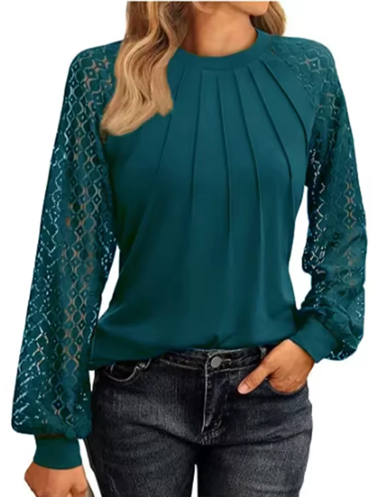 

Round Neck Solid Color Long Sleeved Pleated Lace Women's T-shirt Fashionable Office Elegant Commuting Style Autumn Top
