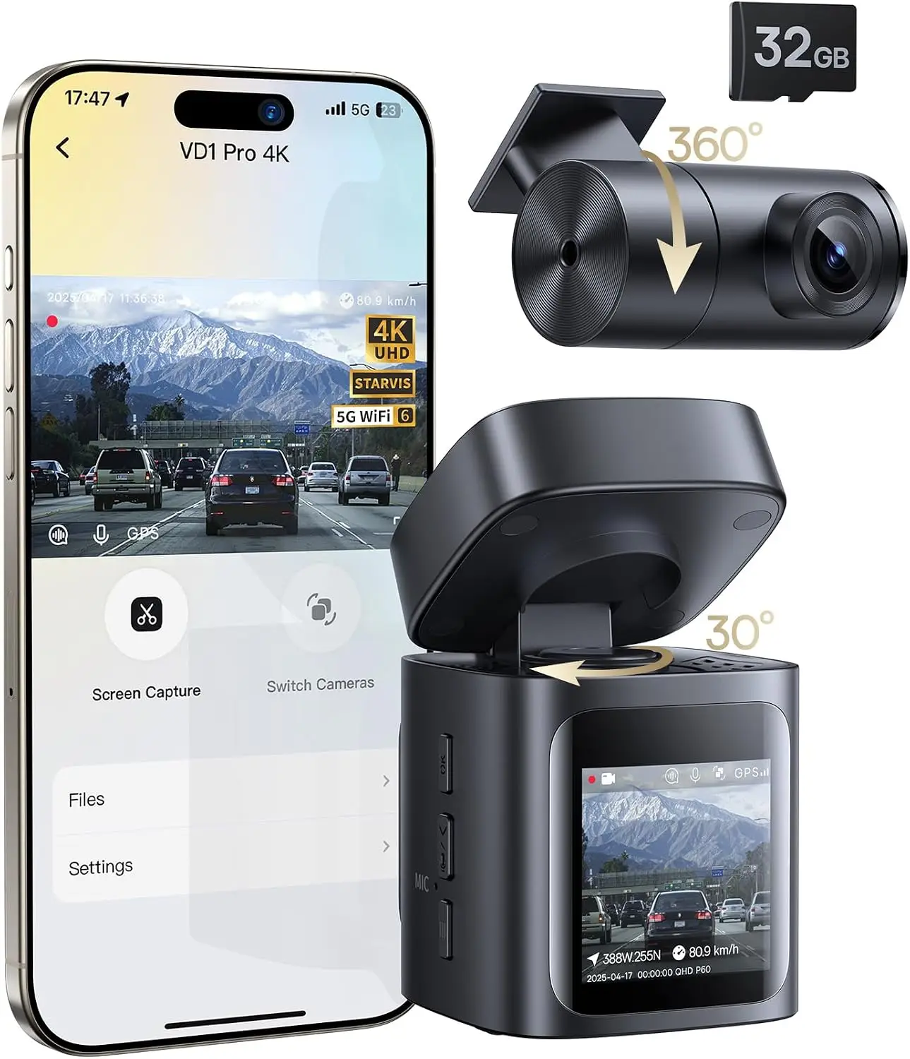 Solar Dash Cam Front Rear 4K 1080P Car Camera Battery Parking Mode Starvis Night Vision 32GB Card 5GHz WiFi GPS Wide Angle Voice
