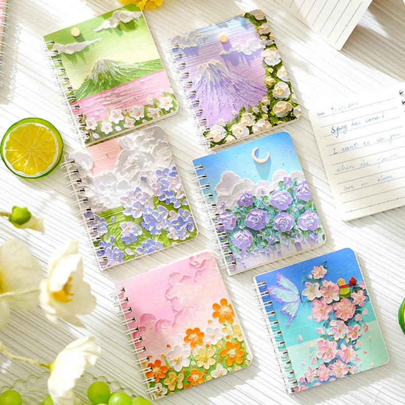 1 Piece Small A7 Asethetic Notepad for Kids Oil Paiting Landscape Scenary Coil Notebooks Portable Pocket Scrapbook Writing Pad