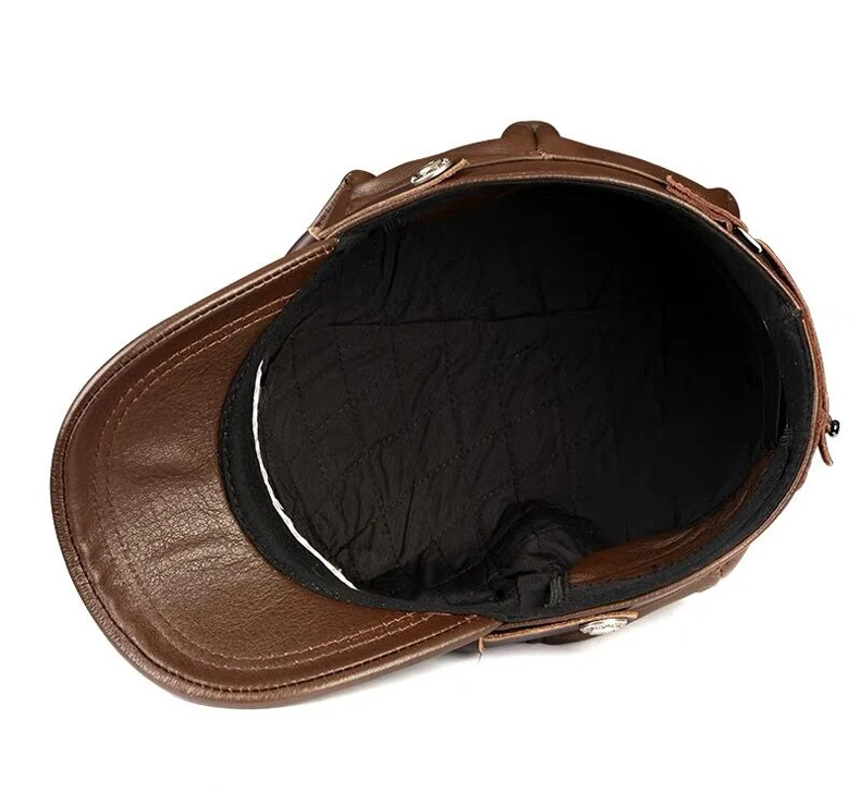 Winter Echt leder Mütze Herren flache Kappen Armee Militär hut Gürtel elegante Mann Baseball mütze britische Vintage Rindsleder Ohr warmen Hut – Detail 10