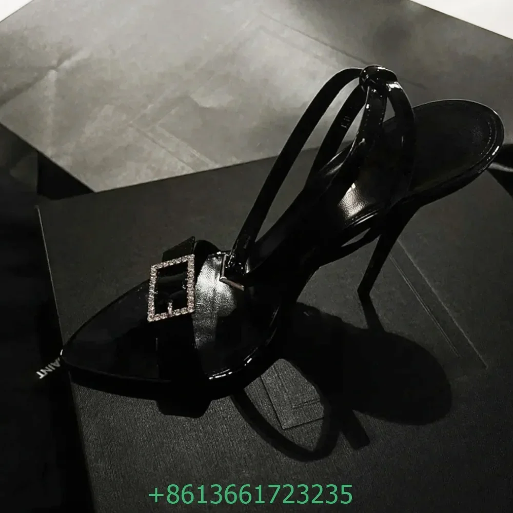 

Black/red Patent Leather Women Sandals Square Buckle Crystal Bling Bling Sexy High Heels Pointed Toe Thin Heels Ankle Strap Shoe