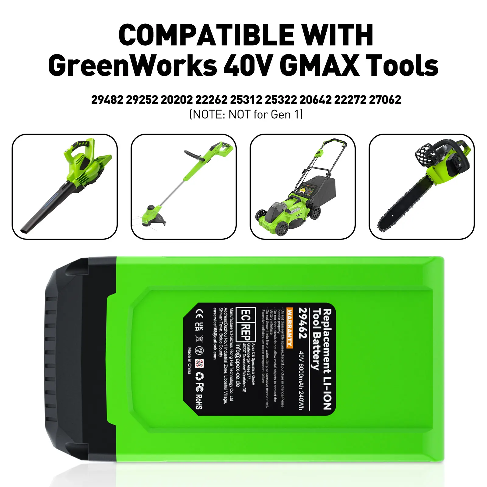 Bateria recarregável de íon-lítio turpow 40v 6000mah para greenworks 29462 29472 29282 g-max gmax bateria de ferramentas elétricas para cortador de