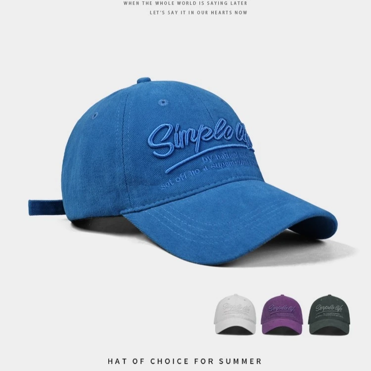 

American Retro Letter-embroidered Blue Baseball Cap Women Wide Brim in Summer Sun-protective Baseball Cap for Men