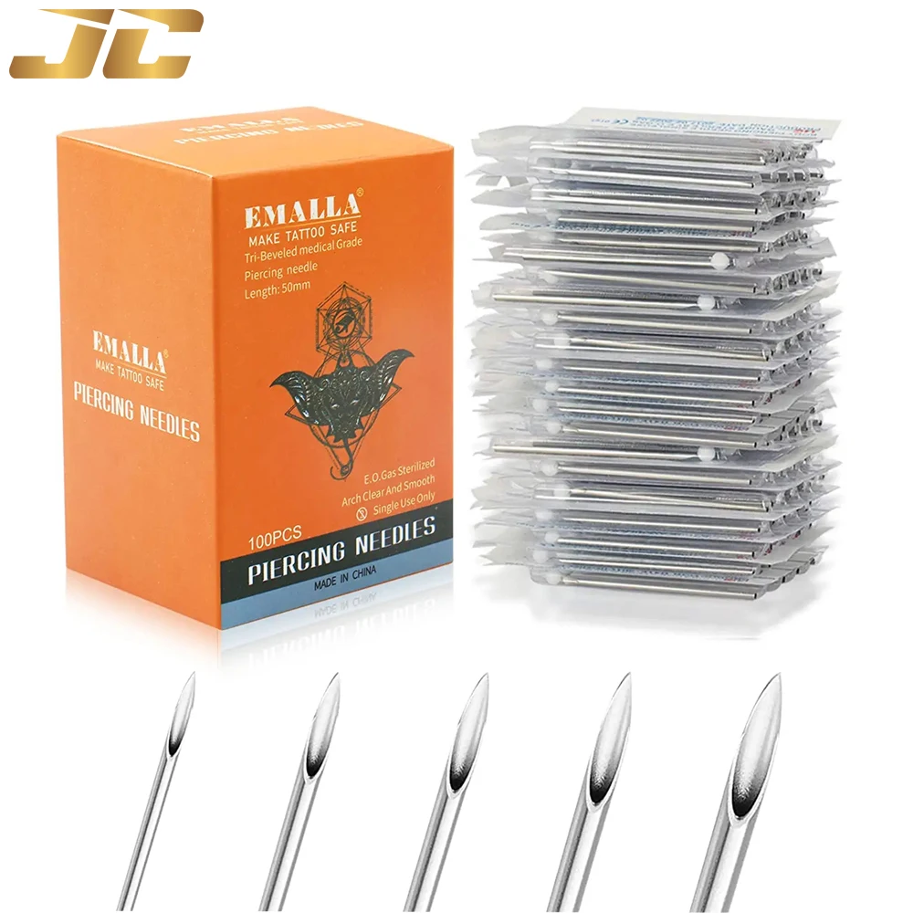 100PCS Tattoo Piercing Needles 12/14/16/18/20g Disposable Stainless Steel Piercing Needles for Ear Eyebrow Lip Piercing Supply