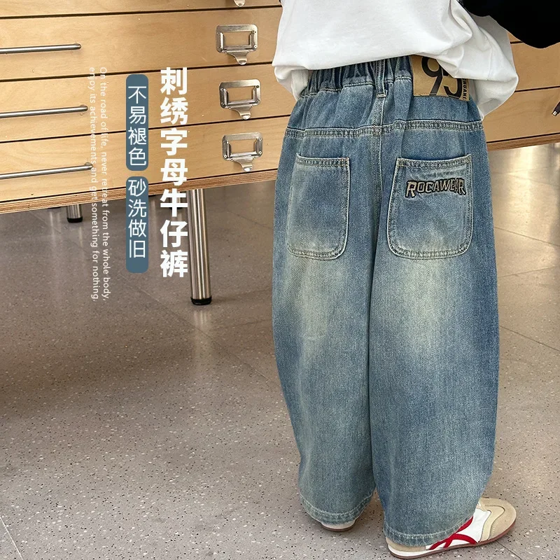 

Children Clothes Kids 2024 Autumn Vintage Pants Boys and Girls Handsome Cotton Embroidered Letter New Fashionable Jeans