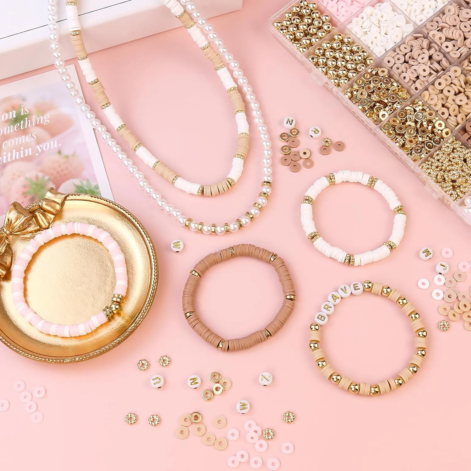 2370pcs Pink Polymer Clay Beading Kit with Clay Beads, Elastic Thread, Bohemian DIY Charm Bracelet Kit for Birthday DIY Making image 6