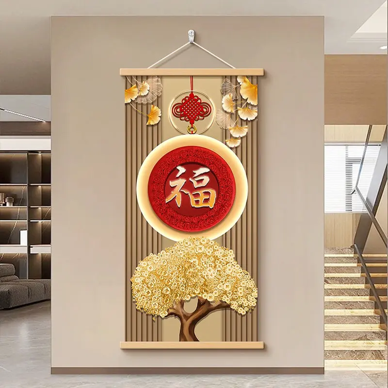 Wall Art Red Fortune Character and Golden Tree Chinese Style Pearlescent Canvas Hanging Scroll with Wooden Rods for Entryway