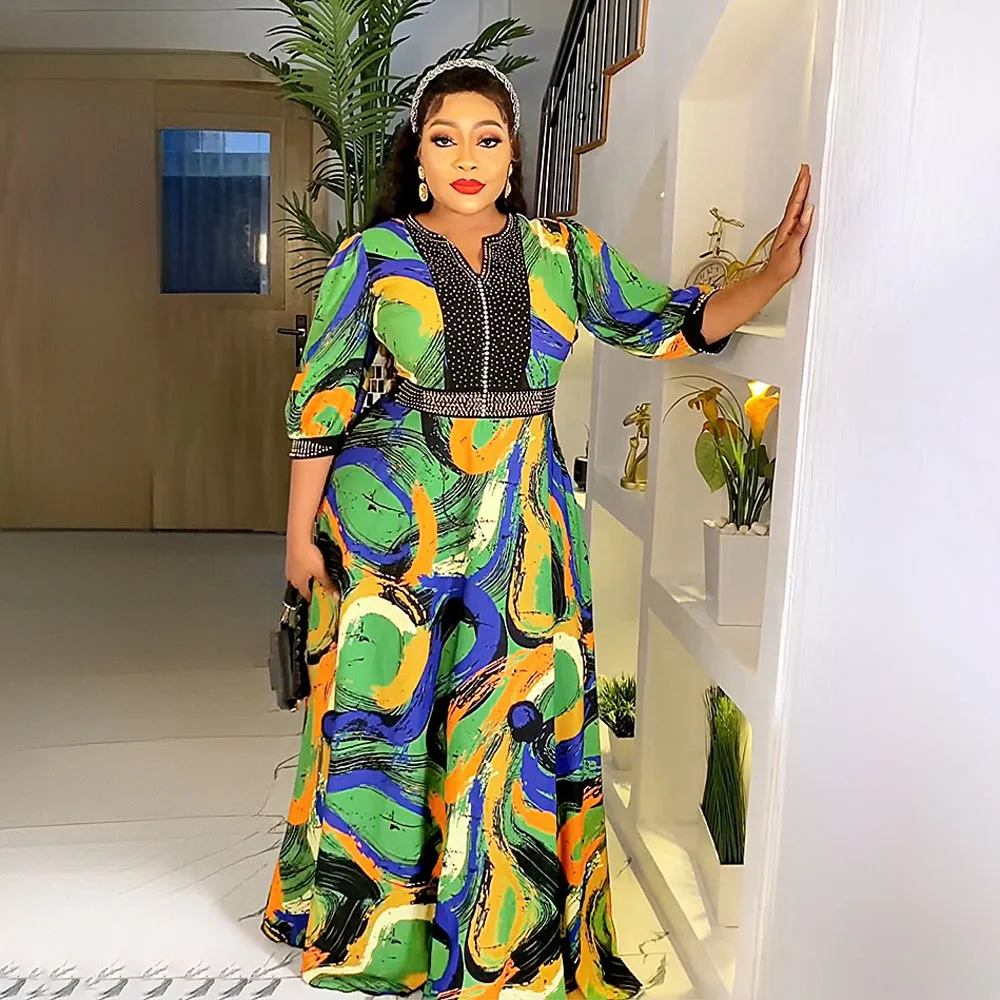 

2024 Autumn African Dress for Muslim Women Abaya Print Beading Dashiki Ankara Evening Gown Party Turkey Kaftan Vestidos Clothing