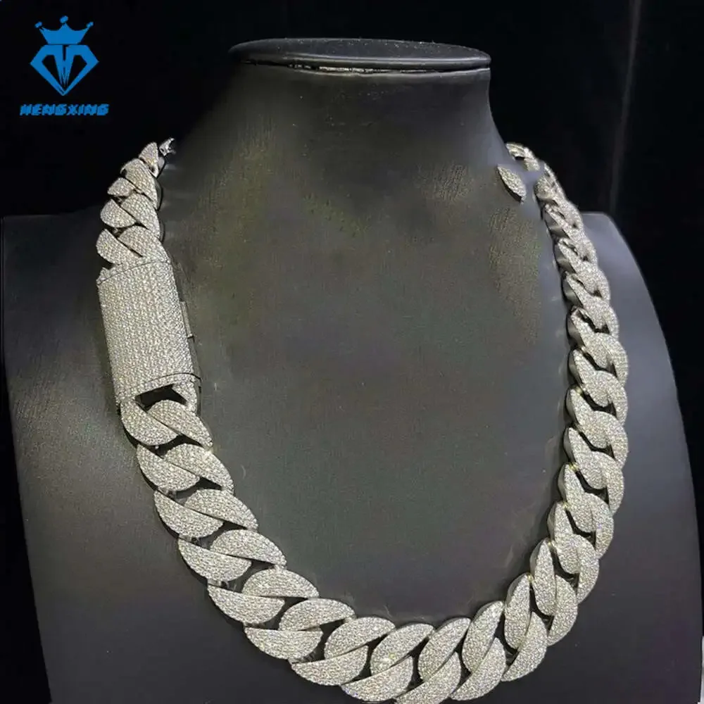 Process Jewelry 18mm 925 Silver Ice Out Mossinate Diamond Cuban Chain Necklace Men Stainless Steel Cuban Link Chain