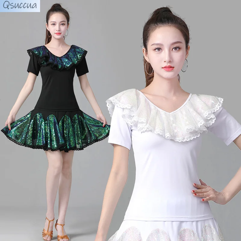 New Latin Dance Clothing Embroidery Sequins Top Modern Dance Social Dance Short Sleeved Top  Dance Clothes