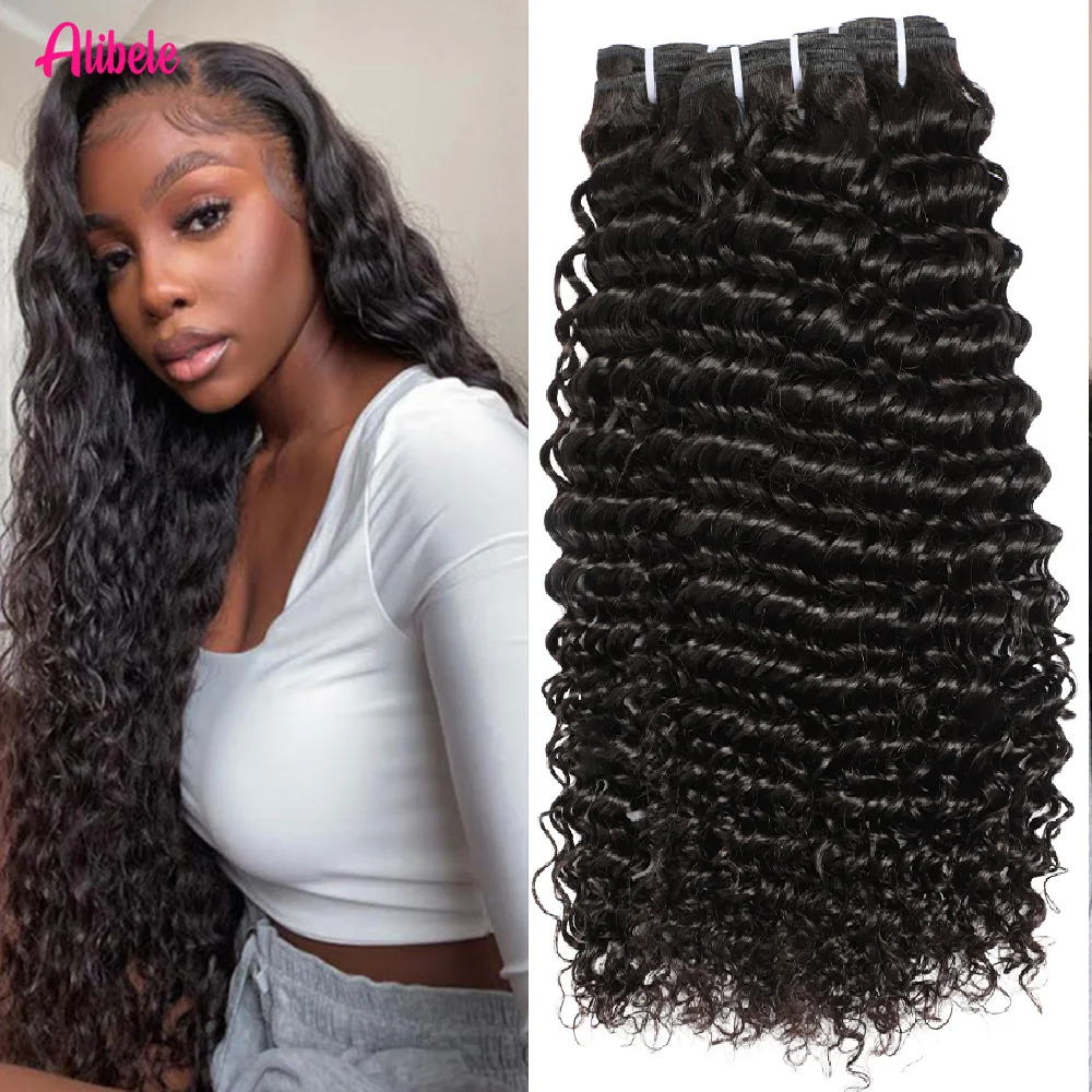 

Alibele Virgin Hair Extensions Натуральные черные пучки человеческих волос на всю голову с двойным утком, 15A вьющиеся 1/3/4 шт., 12-32 дюйма