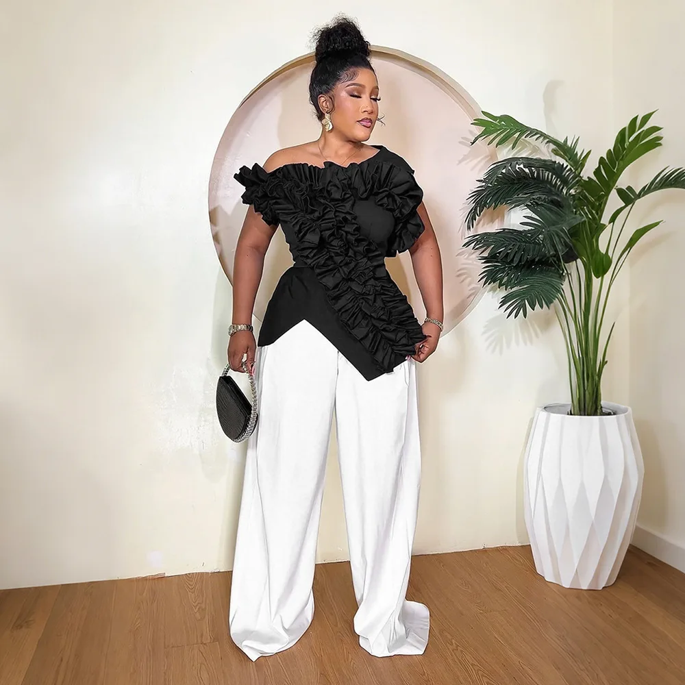 

Sexy Off Shoulder Ruffle Tops Fashion Chic Elegant Shirts Streetswear Summer Women Pleated Asymmetrical Collar Irregular Tops