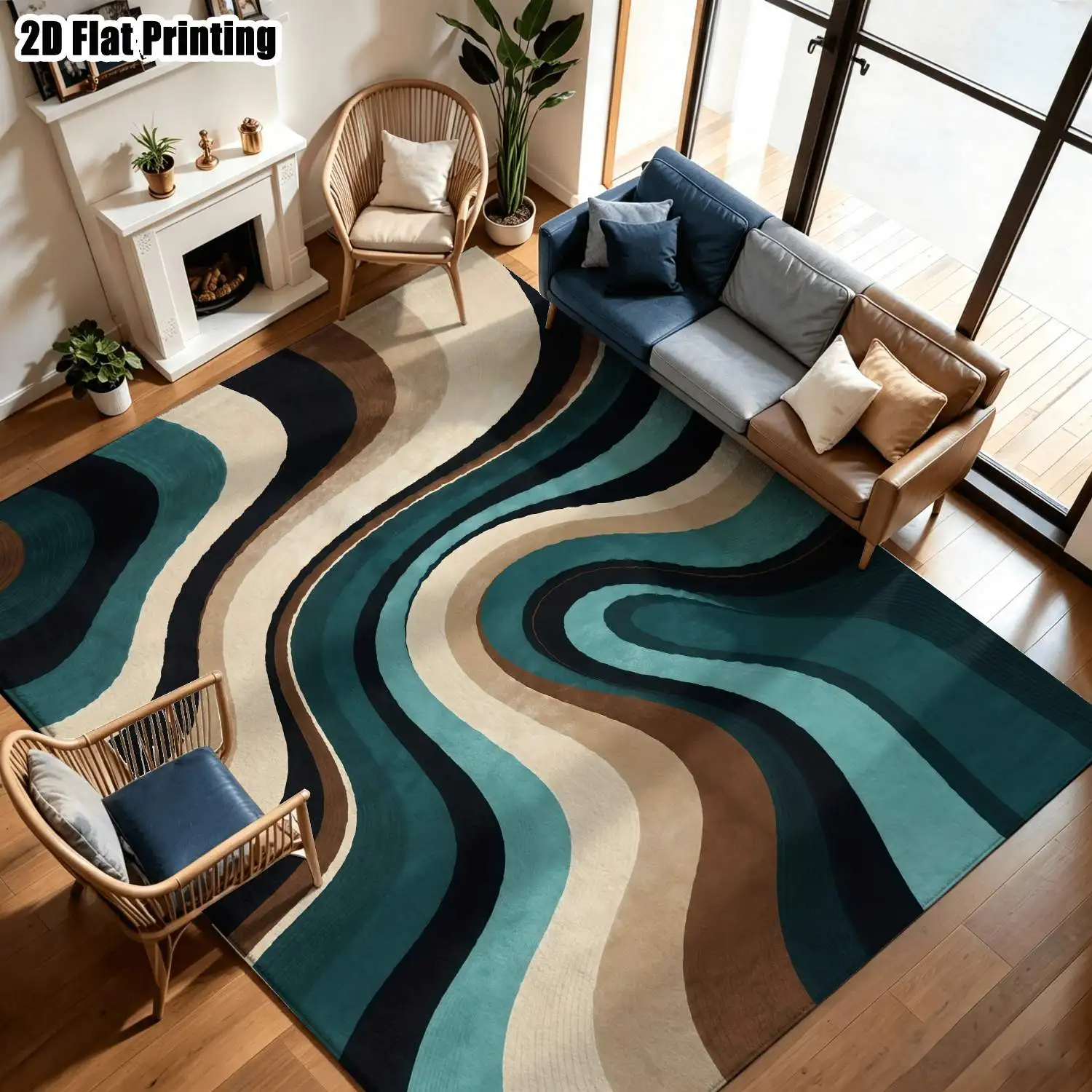 1Pc 2D Printed Carpet: Blue-Brown Geometric Wave Pattern Nordic Style, Suitable for Modern Minimalist Interiors, Geometric Stripes & Retro Design. Multi-Size, Machine Washable, Ideal for Home Decor, Entryway, Living Room, Bedroom, Dining Room, Study.