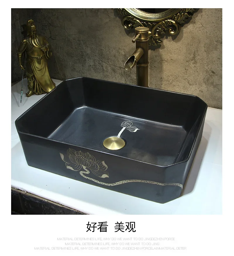 Jingdezhen black personalized zen lotus table basin retro home improvement wash basin single hole wash basin ceramic