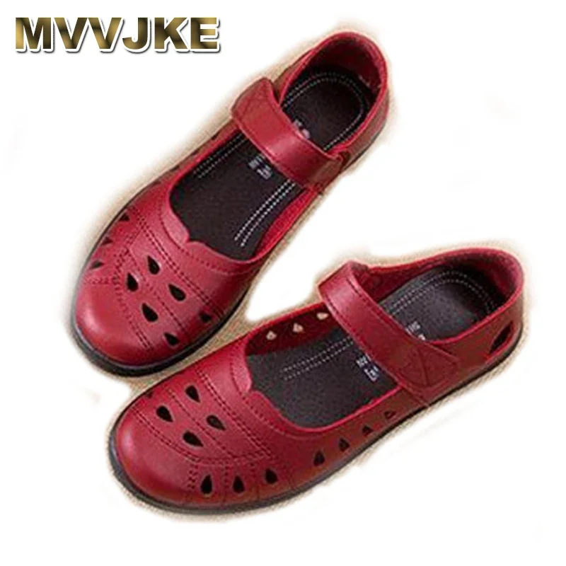 MVVJKESummer Ballet Flat Shoes Woman Hollow Leather Mary Jane Casual Shoes Ladies Genuine Loafers Shoes Woman  Sapato Femini