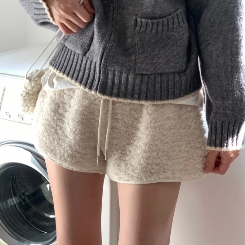 Eleganckie spodnie z futra jagnięcego, modne damskie spodnie z regulowanym sznurkiem w pasie, plus size, jesienno-zimowe, modne, casualowe spodnie.